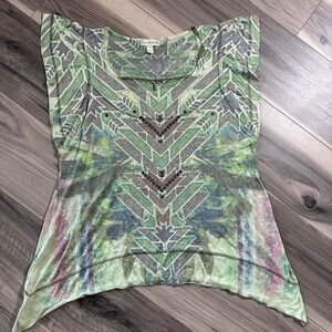 Live and Let Live green and purple geometric tribal print mesh shirt